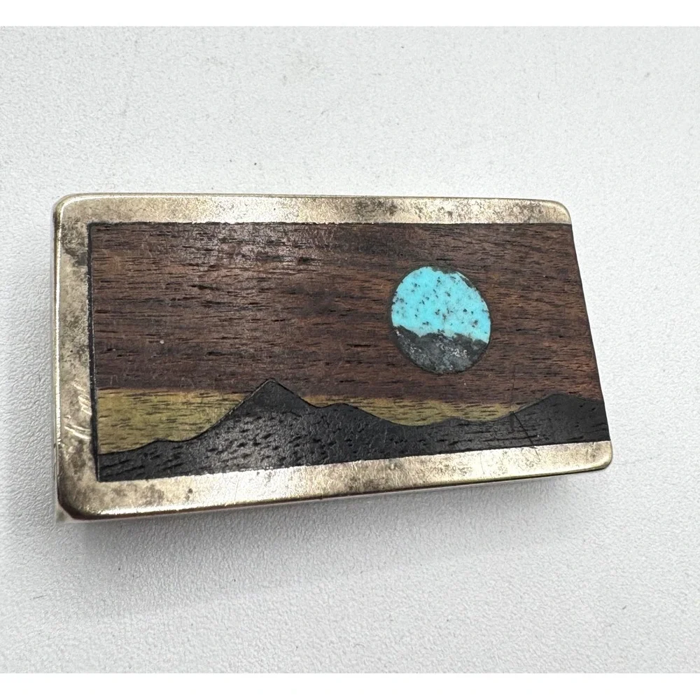 Vintage 1983 Sky West Turquoise Wood Inlay Mountain Landscape Money Clip Mens